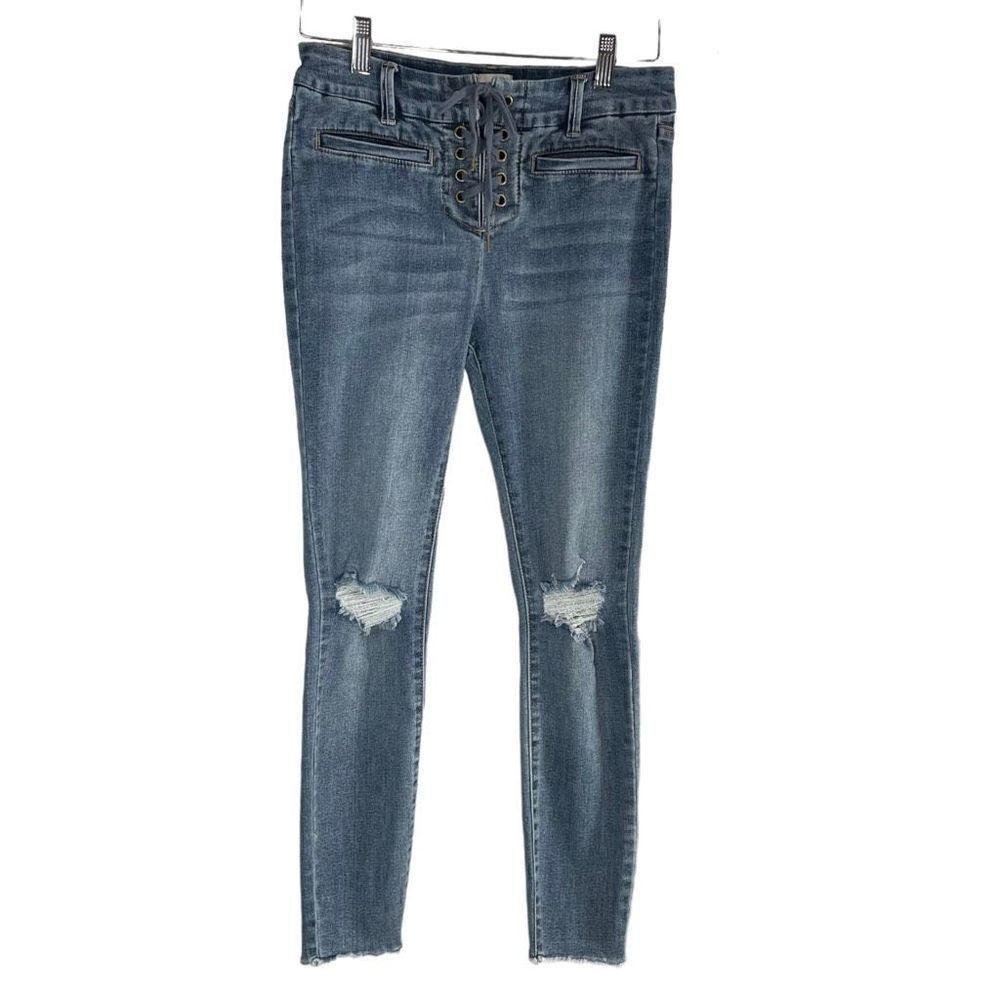 Amuse Society Blue Denim Lace Up Skinny Jeans Women Size 28